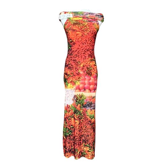 Zara Tulle Jersey Off Shoulder Maxi Floral Print Dress Size S Side Slit - Picture 3 of 6